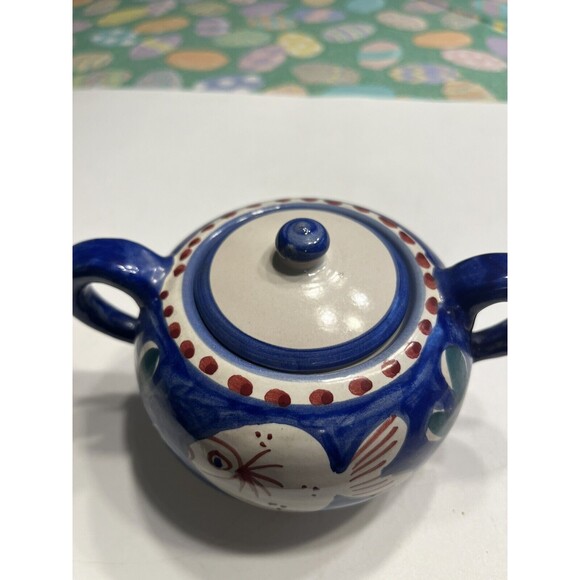 Vietri Solimene FISH 10oz Sugar Bowl w/ Lid Blue Campagna Italy Italian Pottery - Picture 3 of 16